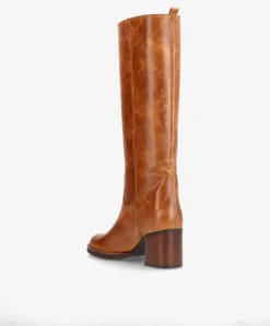 SADIE LONG - Dame Lang støvle med hæl - Cognac læder