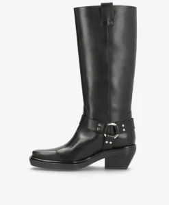 SEQUENCE - Dame Lang biker støvle med hæl - Sort læder